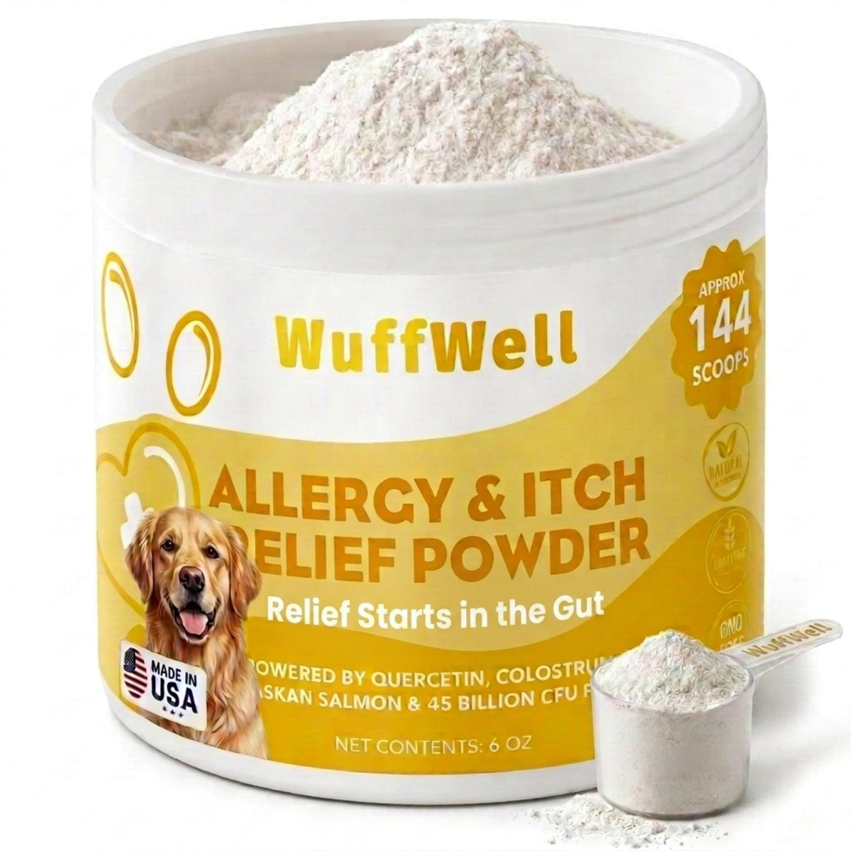 WuffWell emballage avant montrant le produit et bénéfice apaisant