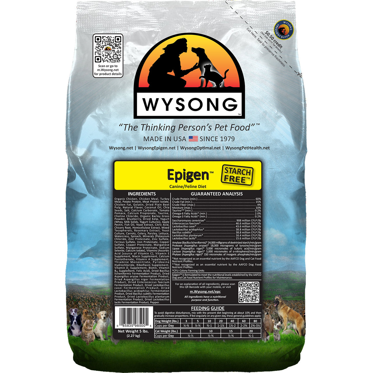 Wysong Epigen sachet avant montrant l’étiquette et bénéfice nutritionnel sans amidon