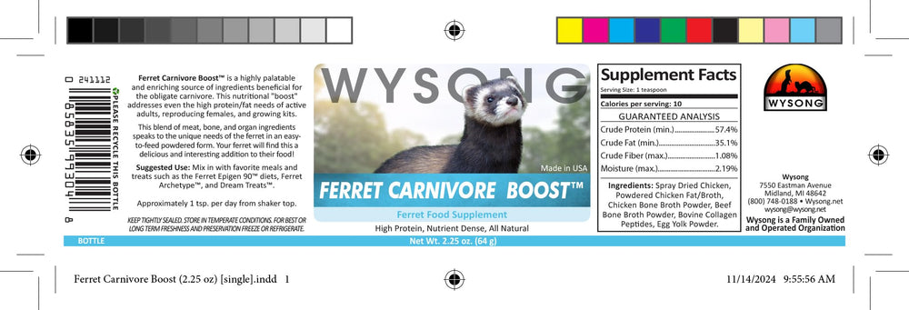 Wysong Ferret Carnivore Boost cuillère doseuse démontrant portion recommandée sûre