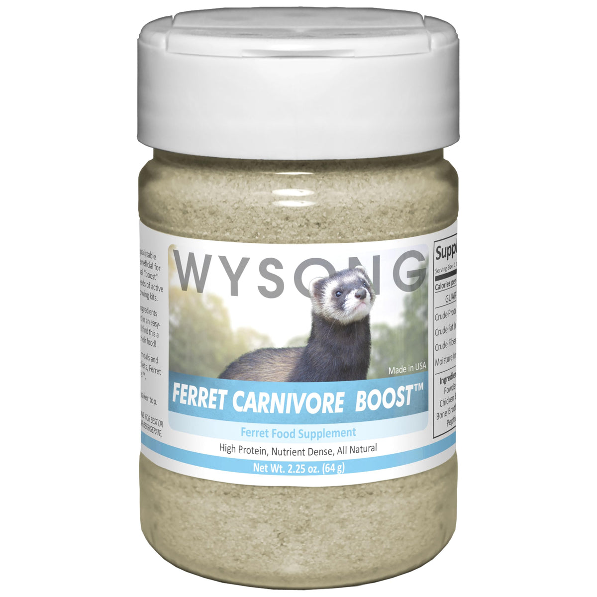 Wysong Ferret Carnivore Boost emballage face montrant format pratique pour enrichir repas