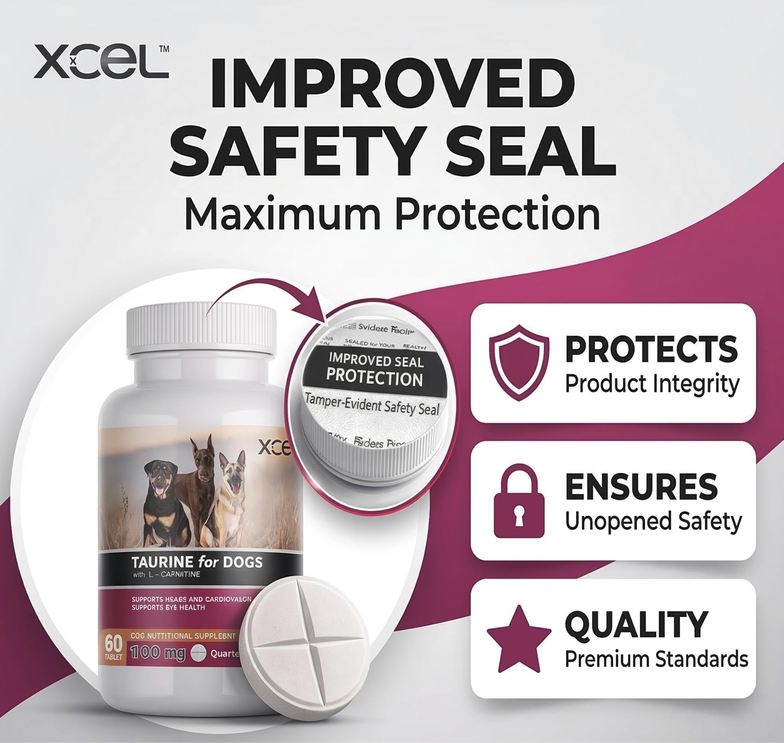 XCEL comparaison taille comprimé à côté d'une patte de chien pour échelle