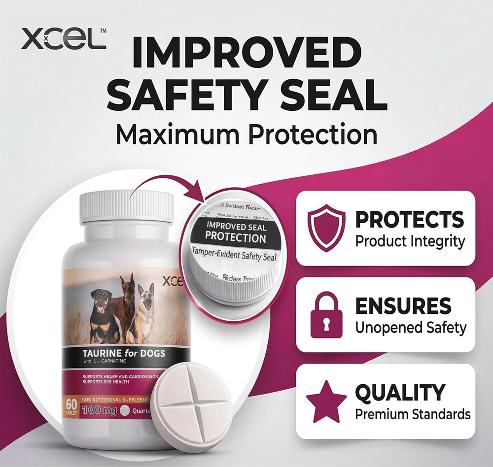 XCEL comparaison taille comprimé à côté d'une patte de chien pour échelle