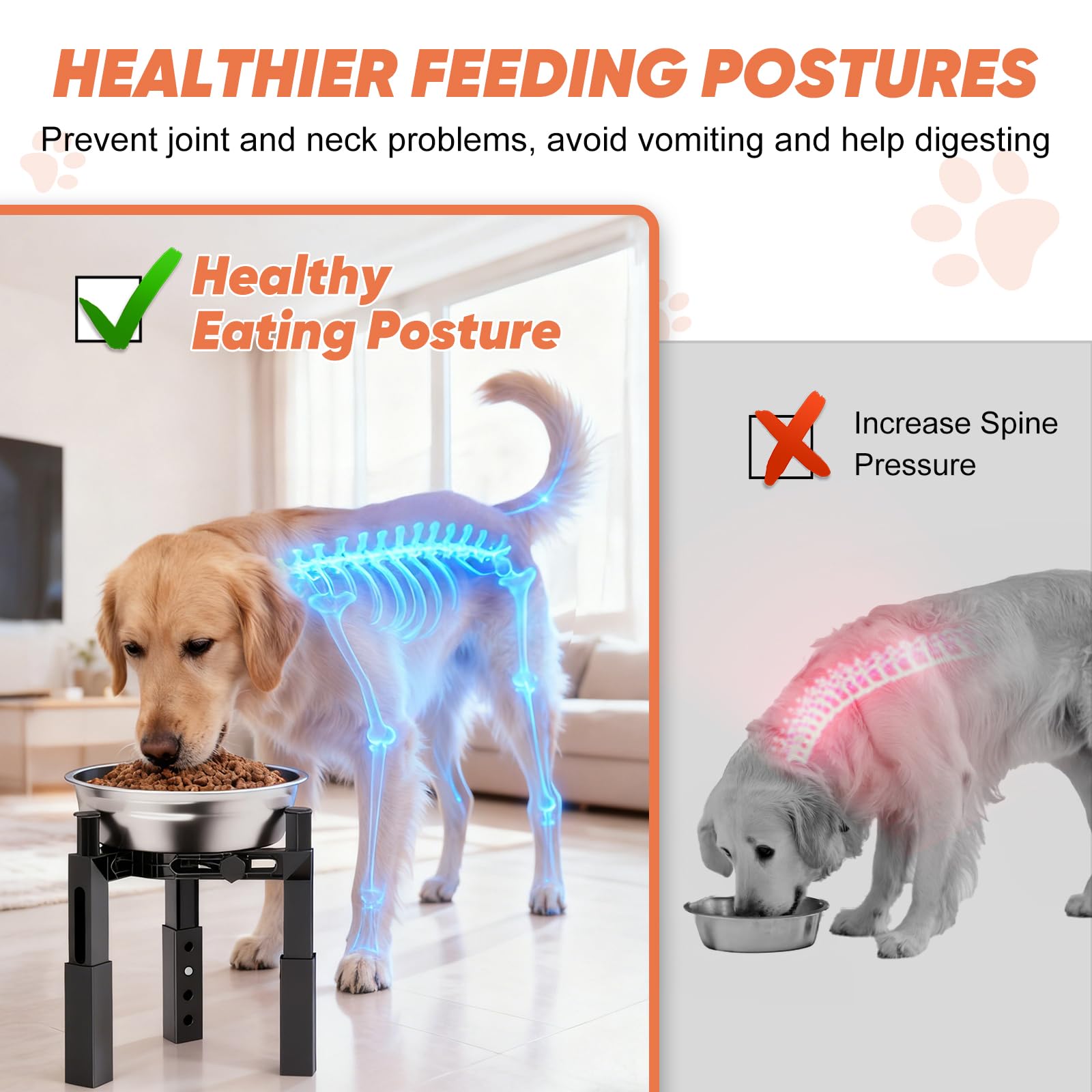 Chien grande taille mangeant confortablement sur support XiaZ réglé