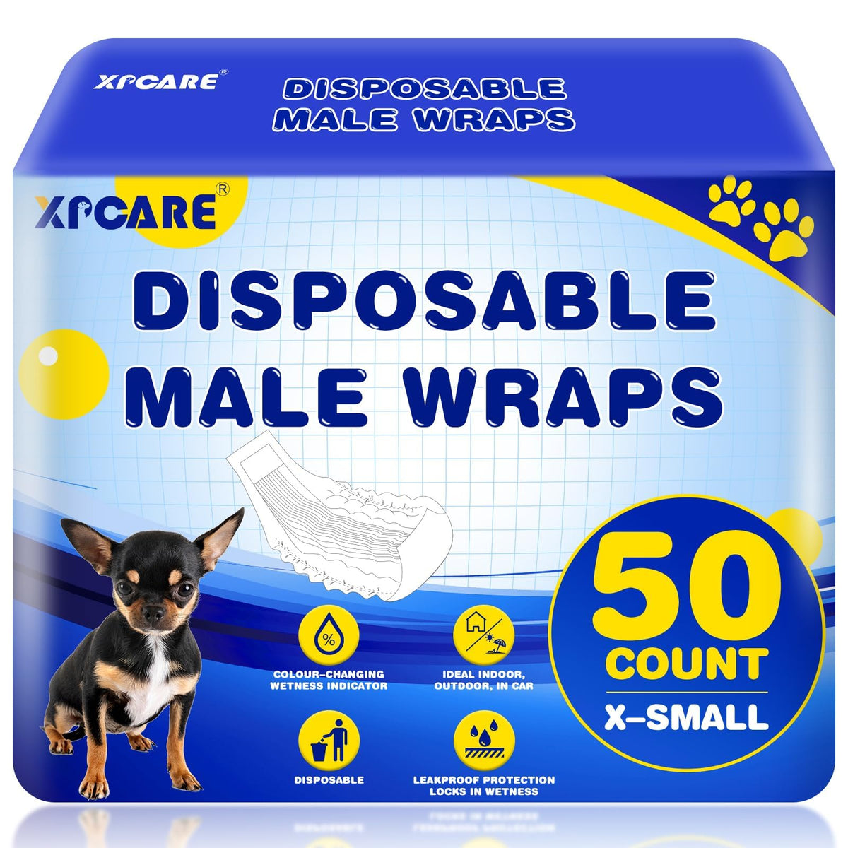 XPCARE emballage frontal montrant lot de 50 couches, solution pratique
