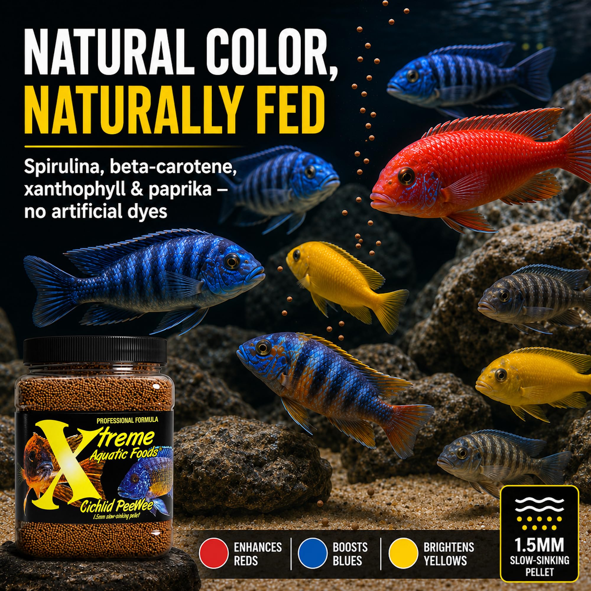 Xtreme Aquatic Foods gros plan sur texture des granulés montrant qualité stable