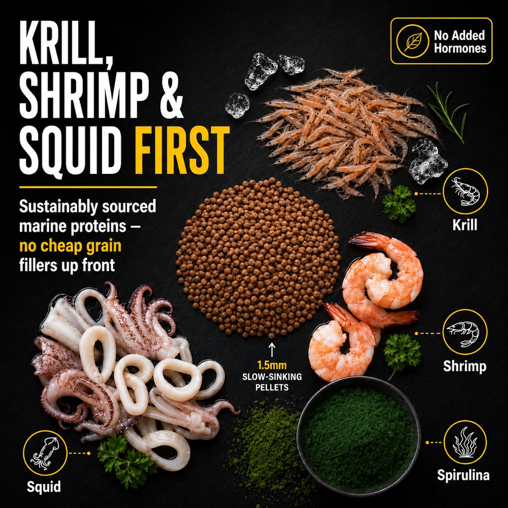 Xtreme Aquatic Foods granulés 1,5 mm dans la main illustrant taille et prise facile