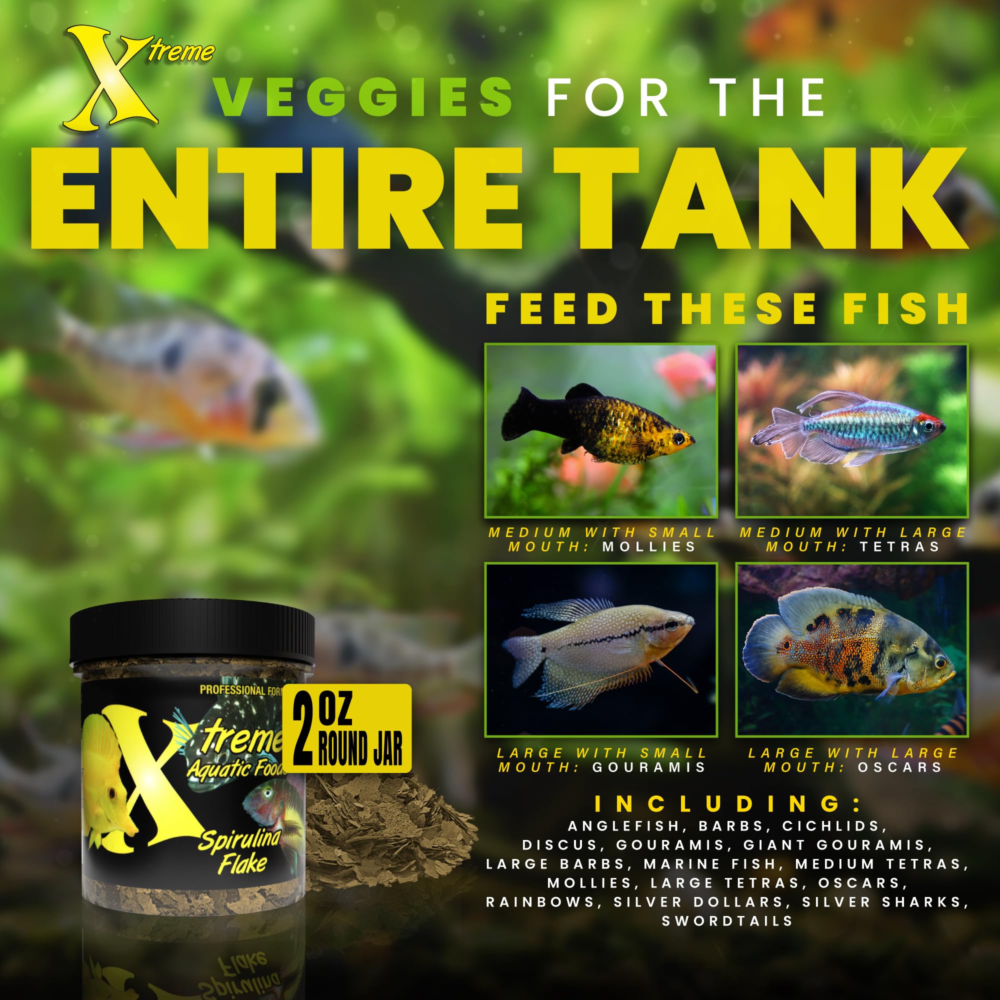 Xtreme Aquatic Foods pot ouvert révélant flocons riches en pigments bénéfiques