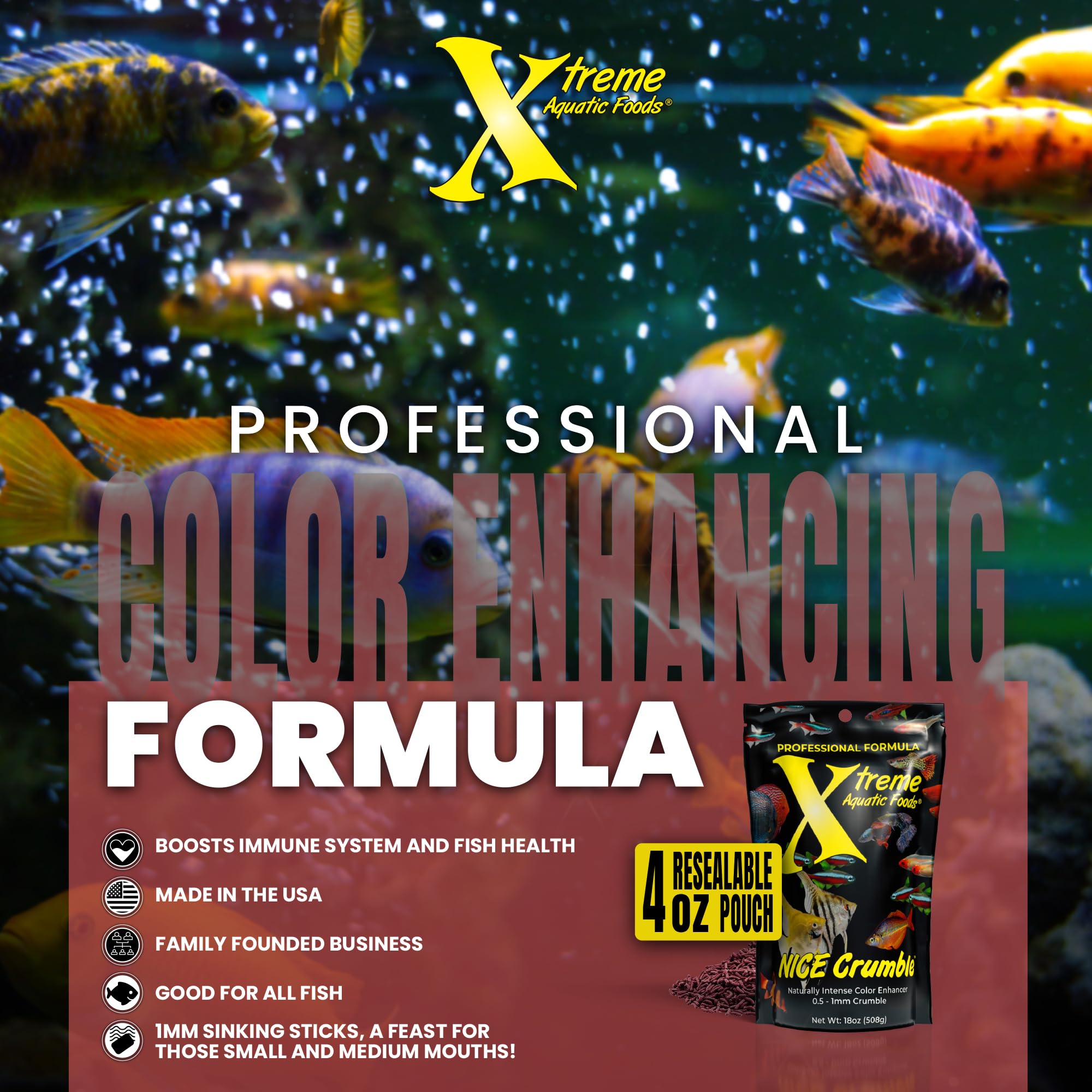 Xtreme Aquatic Foods bâtonnet à côté d'une règle pour échelle et dosage