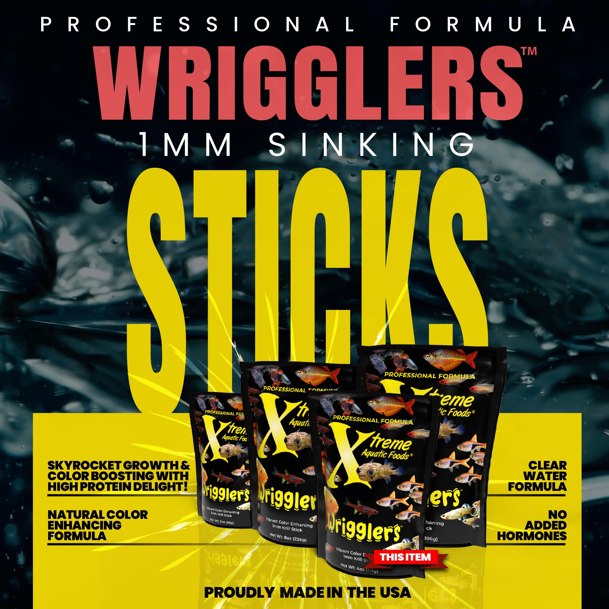 Xtreme Aquatic Foods gros plan texture des bâtonnets montrant attrait visuel