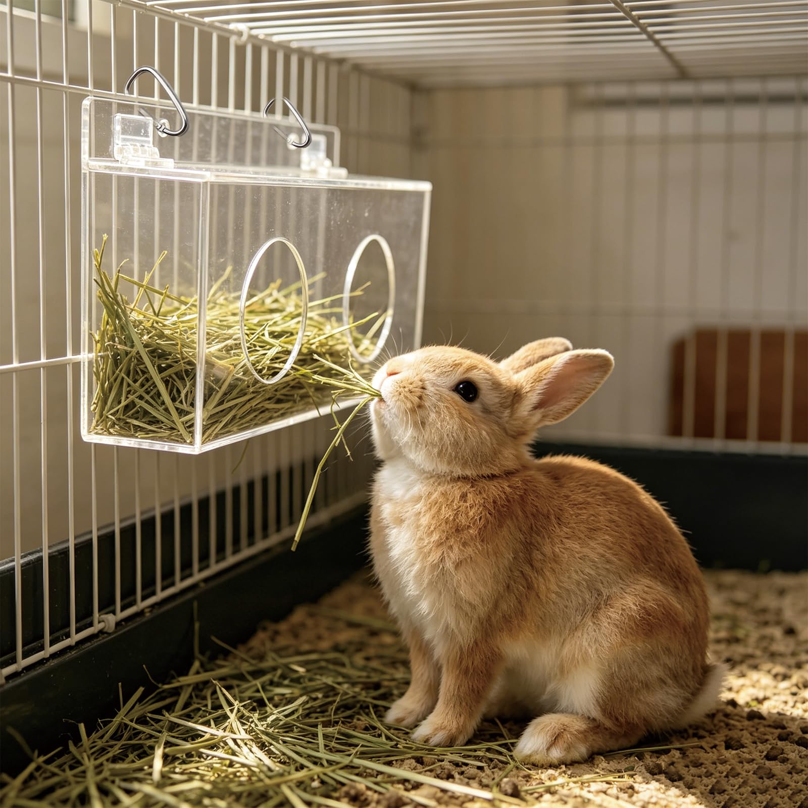 Xymoso mangeoire en usage dans une cage avec lapin réduisant le désordre