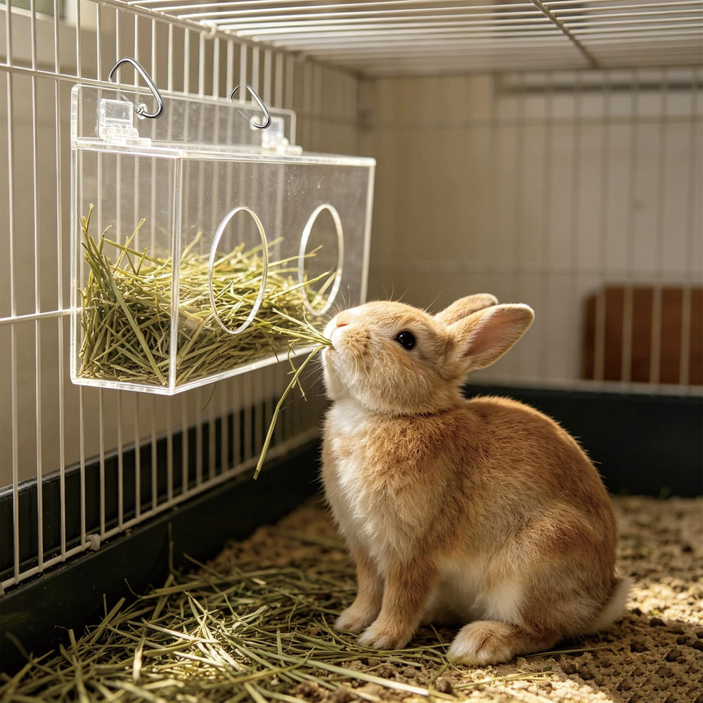 Xymoso mangeoire en usage dans une cage avec lapin réduisant le désordre