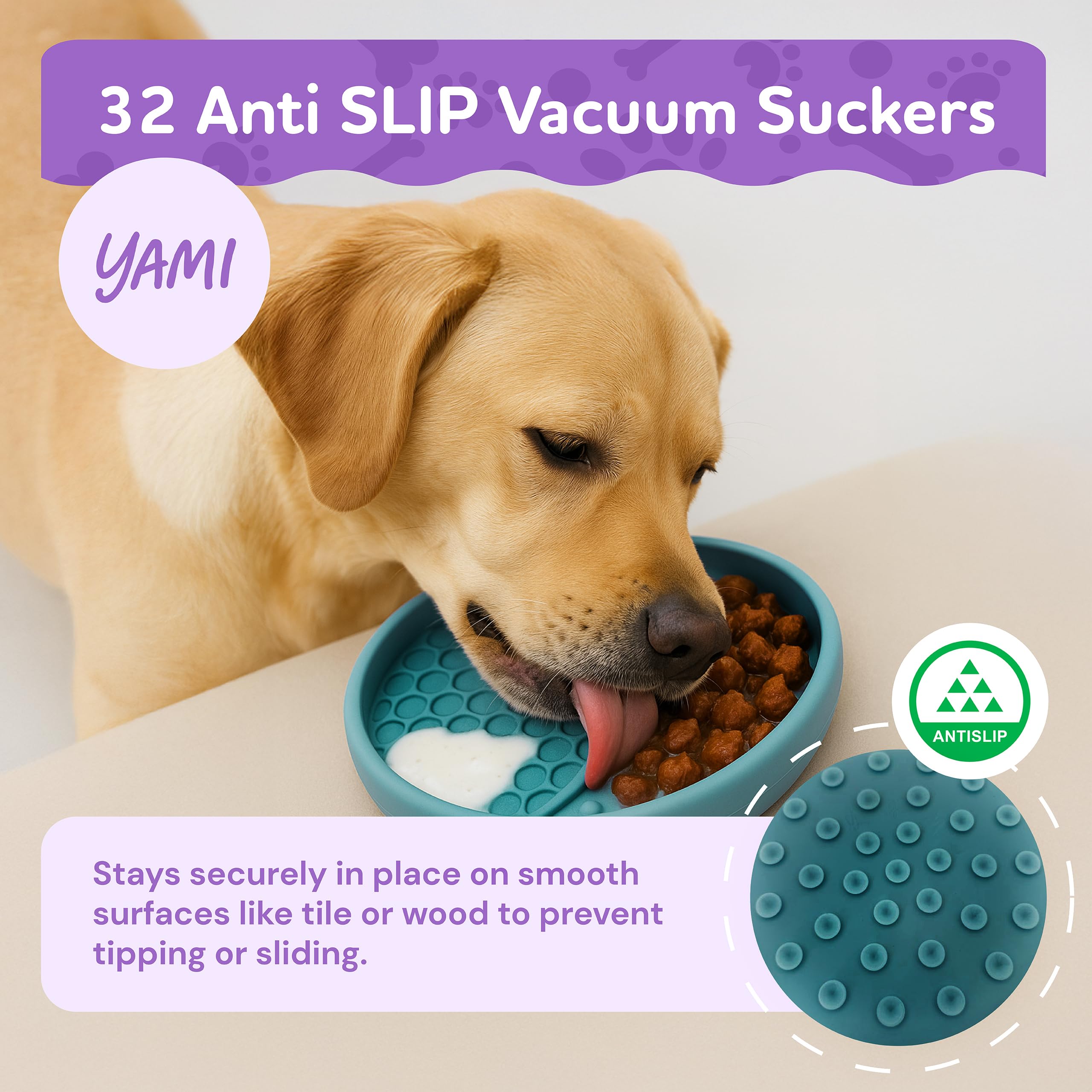 YAMI bol rempli d’aliments humides illustrant utilisation slow feeder