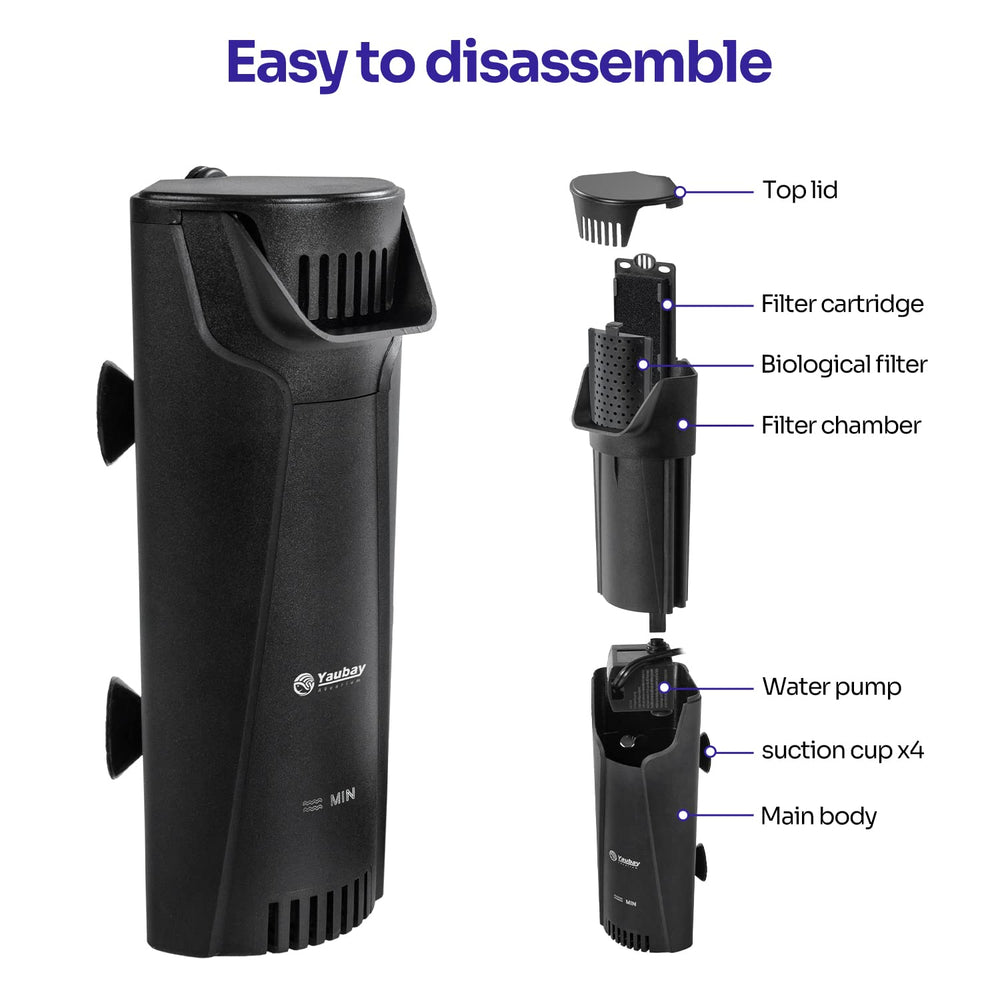 Yaubay filtre comparaison taille avec main illustrant installation peu encombrante