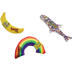 Yeowww! coffret trois jouets devant l’emballage montrant la banane, l’arc‑en‑ciel et le Pollock pour amusement durable