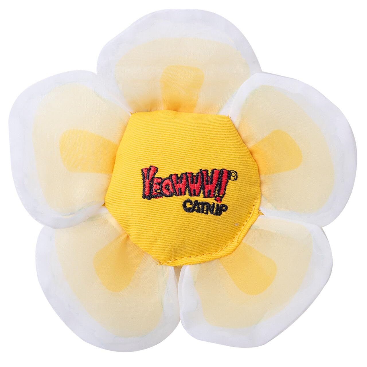 Yeowww! White Daisy vue de face montrant la forme de fleur et invitation au jeu