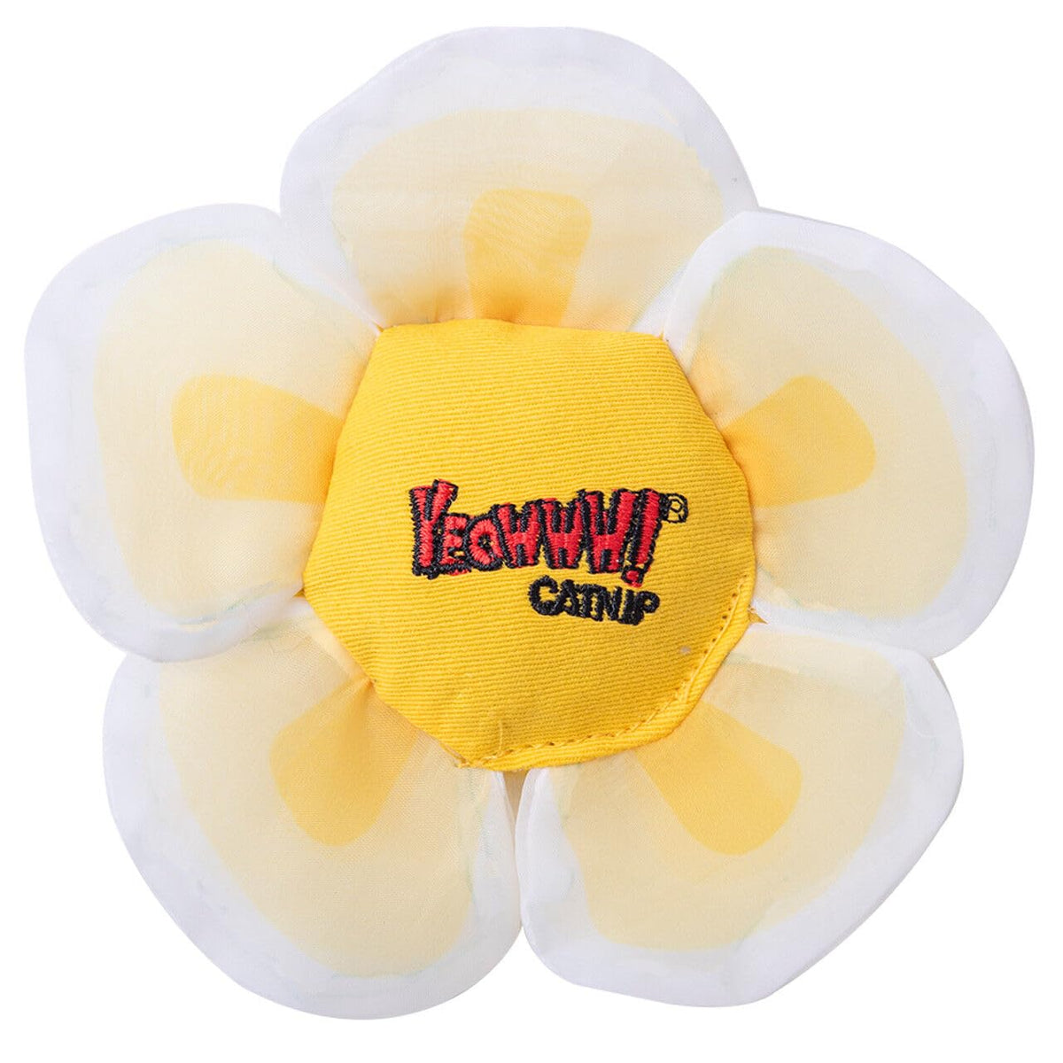 Yeowww! White Daisy vue de face montrant la forme de fleur et invitation au jeu