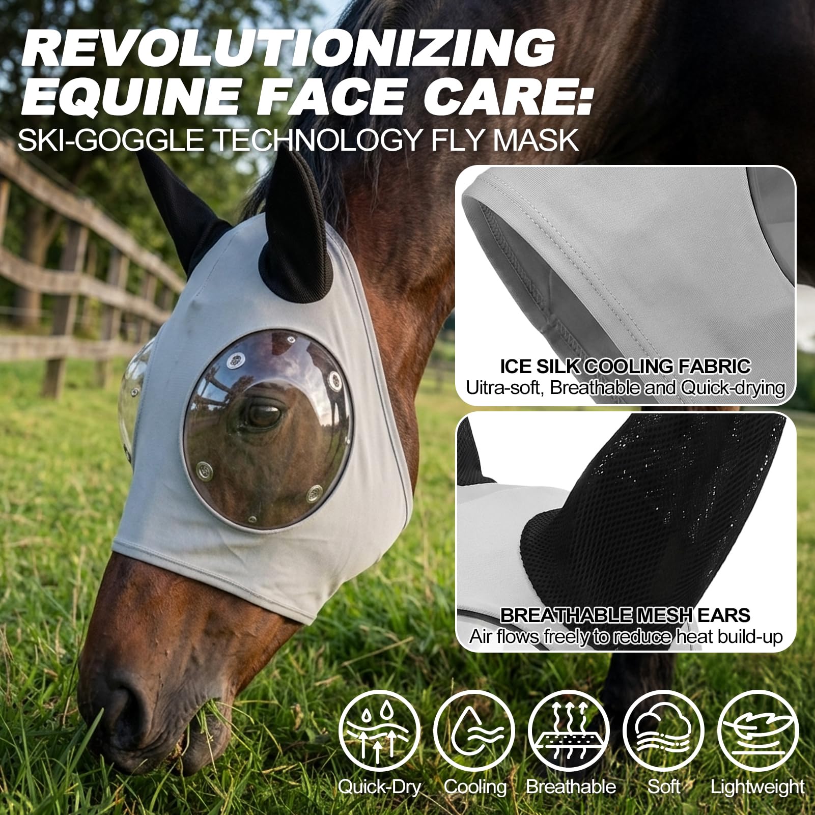 YIORTWO masque en usage au paddock protégeant du soleil et insectes