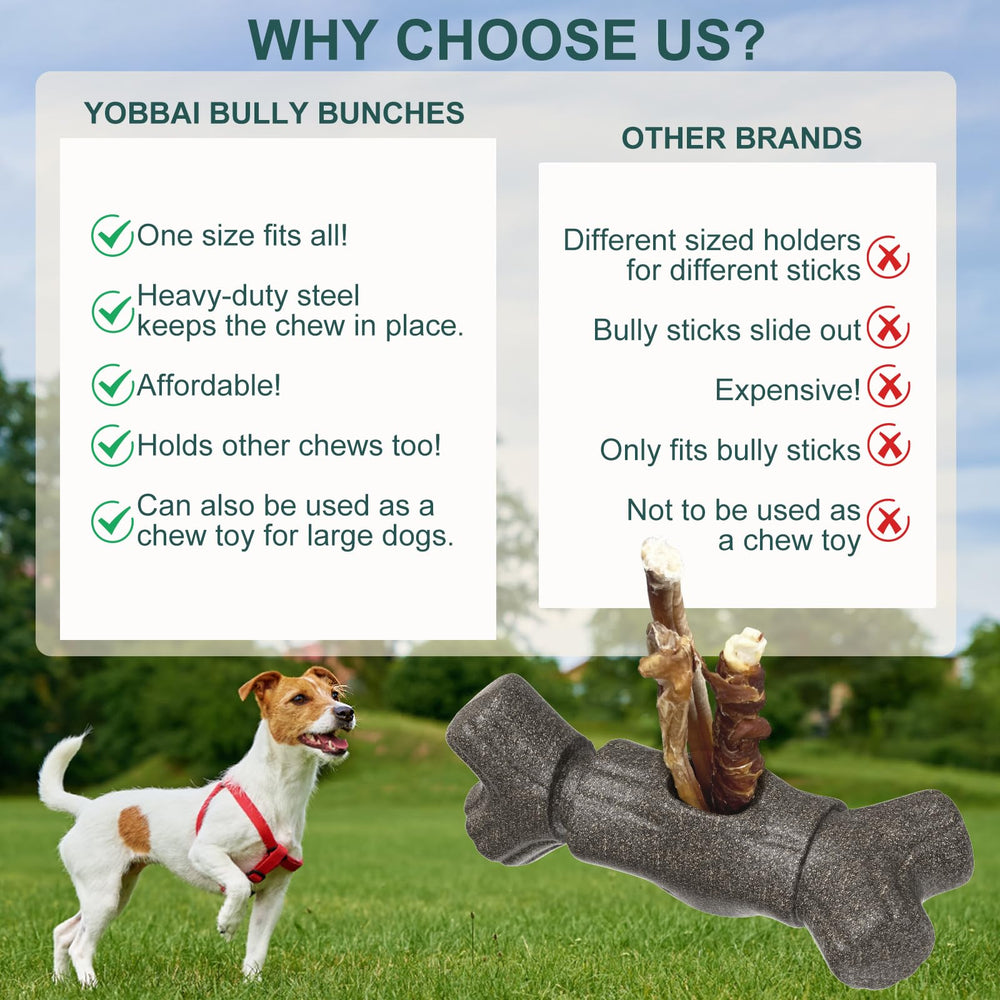 Yobbai en usage tenant un bully stick pour prévenir l’ingestion et prolonger la mastication