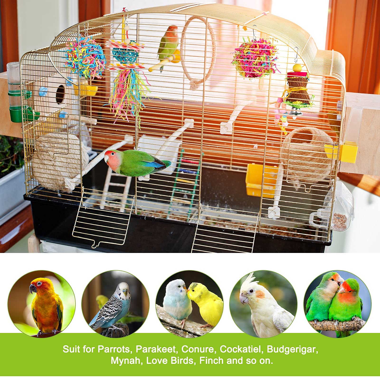 YUEPET jouet accroché dans une cage montrant usage quotidien et enrichment