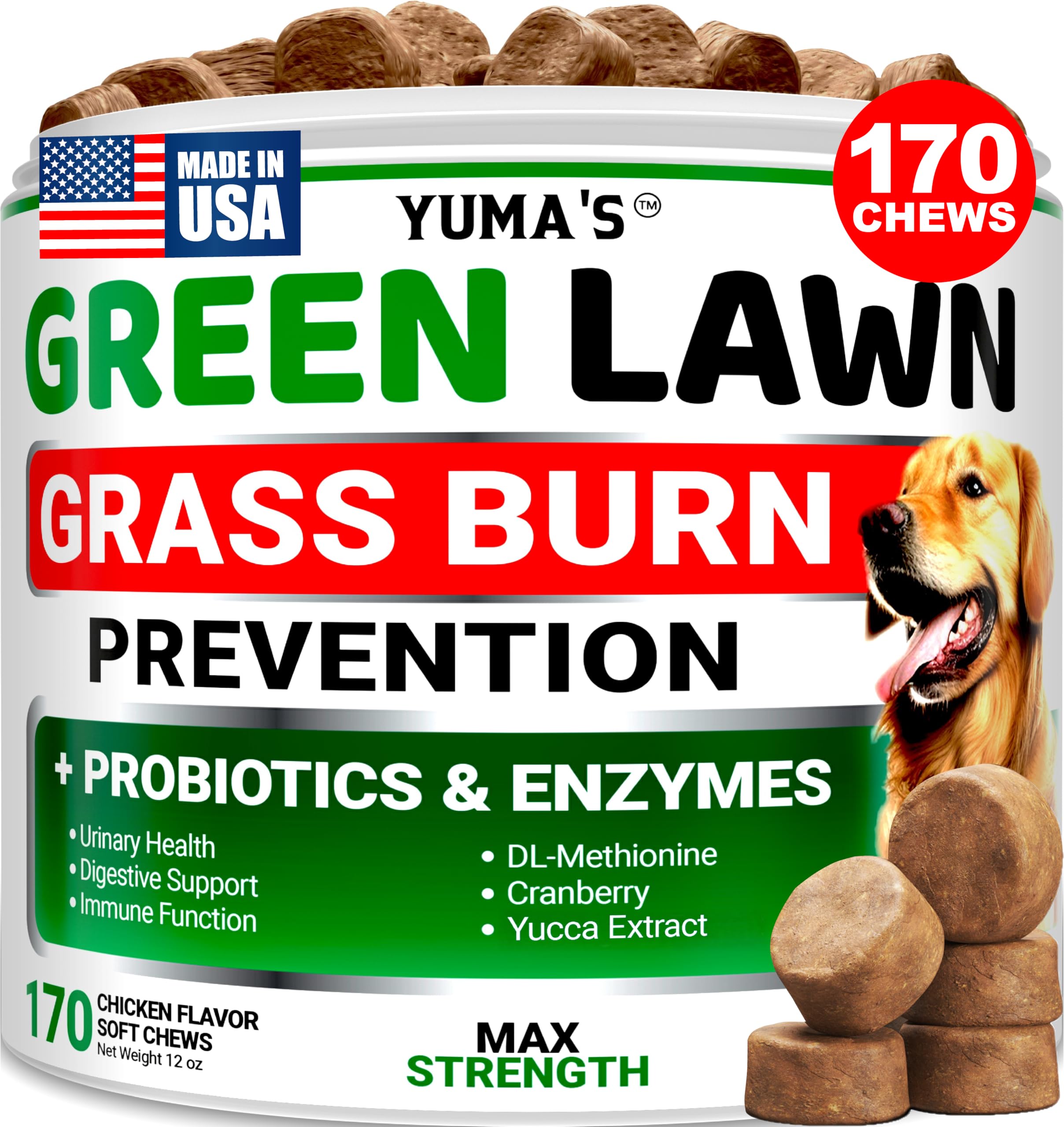 YUMA'S emballage avant montrant pot et mention 170 chews pour économie