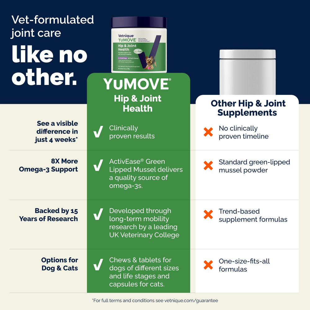 YuMOVE chew comparé à une main pour visualiser la taille adaptée petits chiens