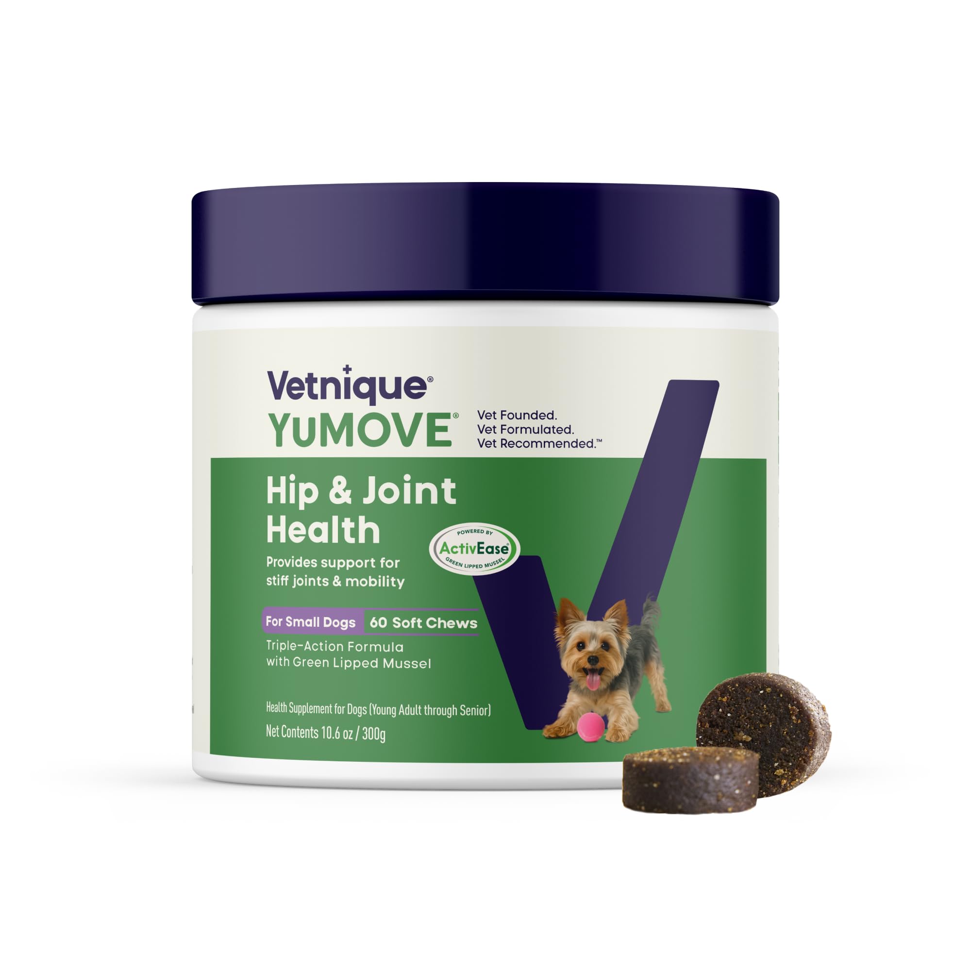 YuMOVE pot 60 chews face avant présentant l'emballage et la praticité
