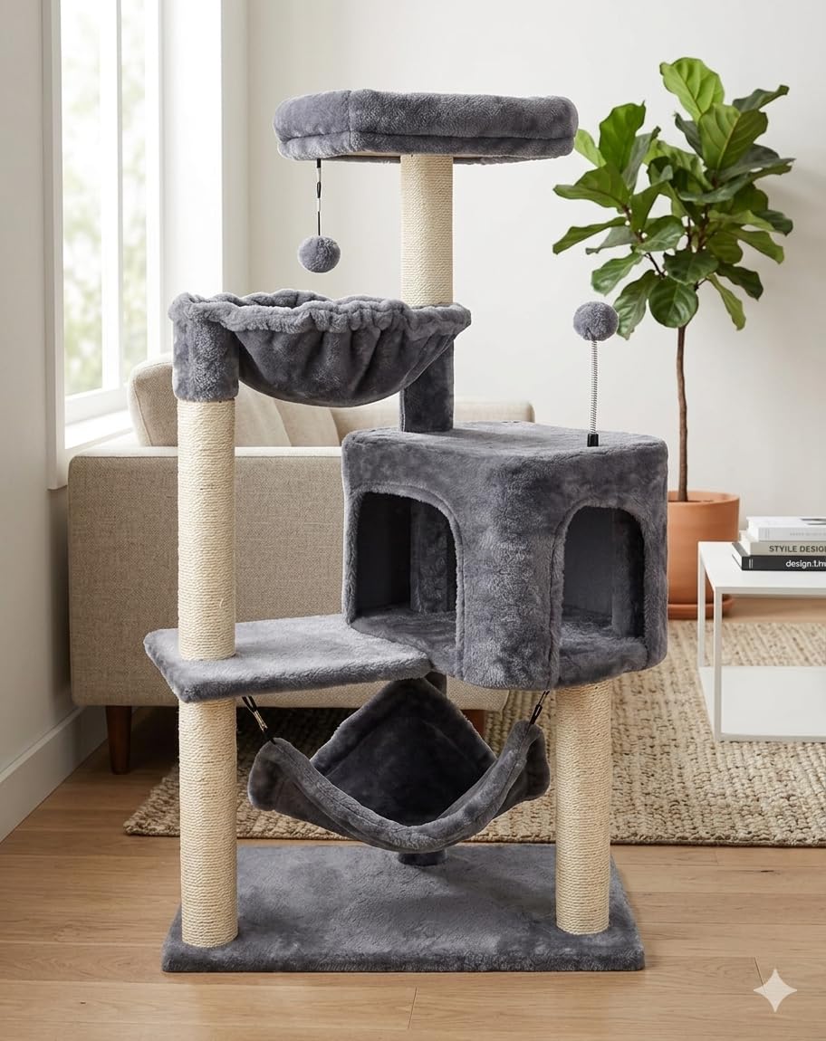 YUNIQUE arbre à chat installé à côté du canapé pour comparaison d'échelle
