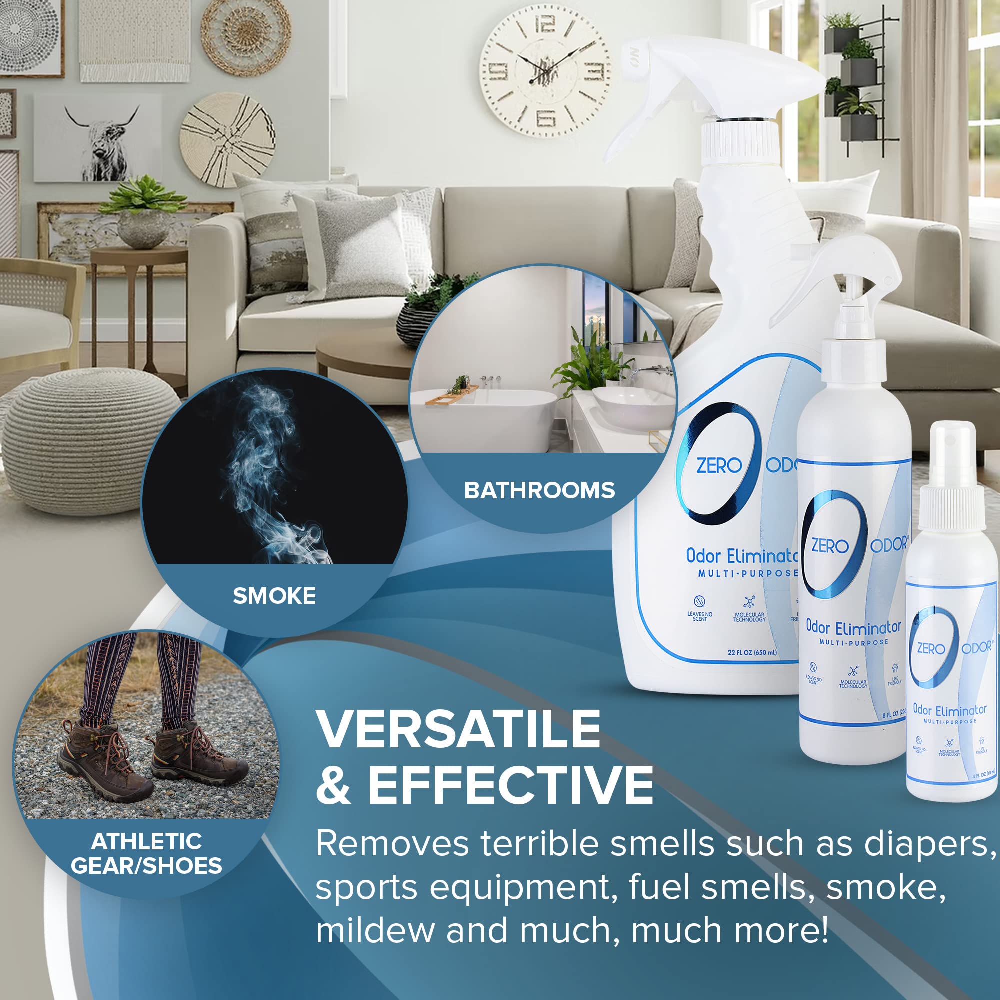 Zero Odor bouteille et étiquette détail indiquant usage prêt à l'emploi