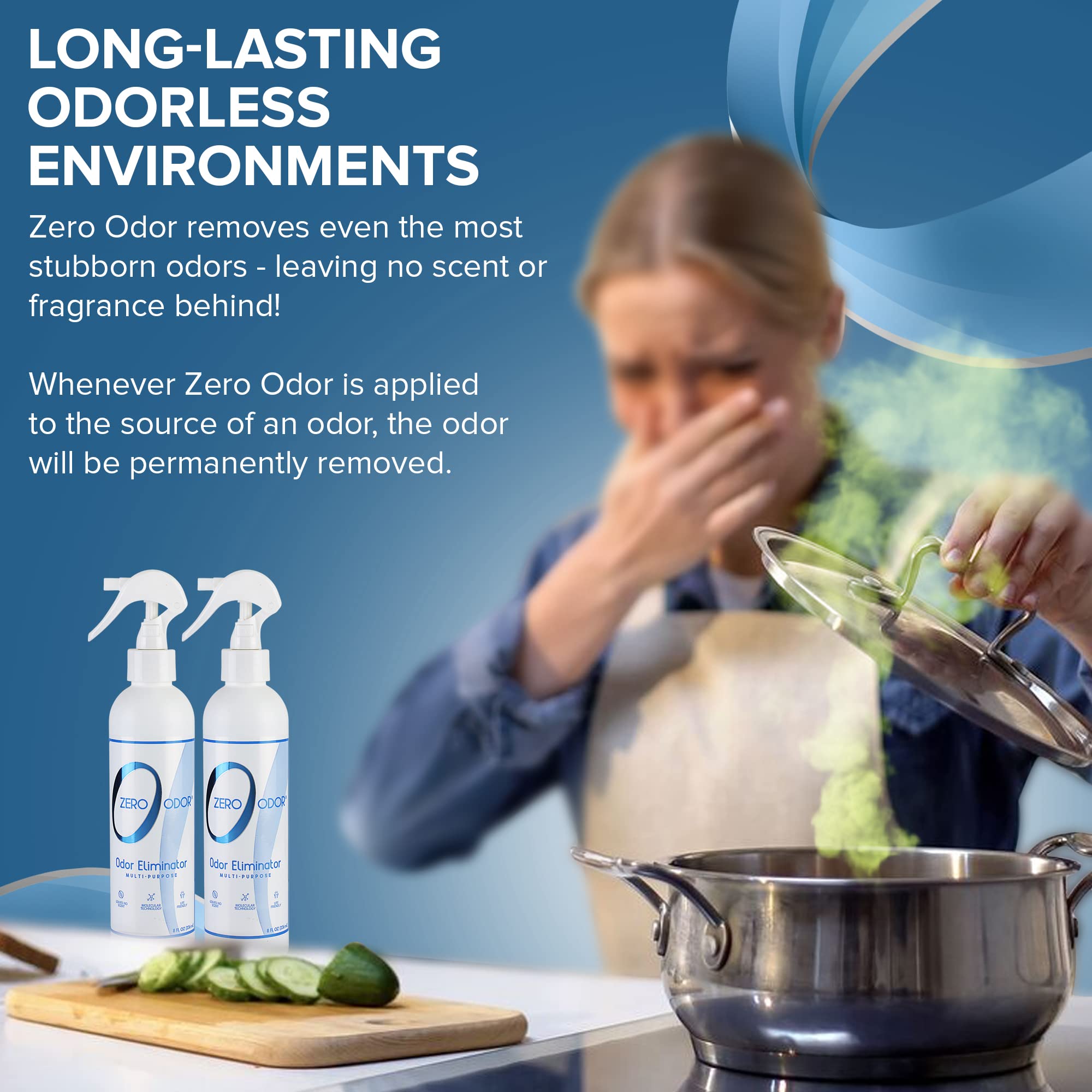 Zero Odor étiquette produit lisible avec instructions et avantages clairs