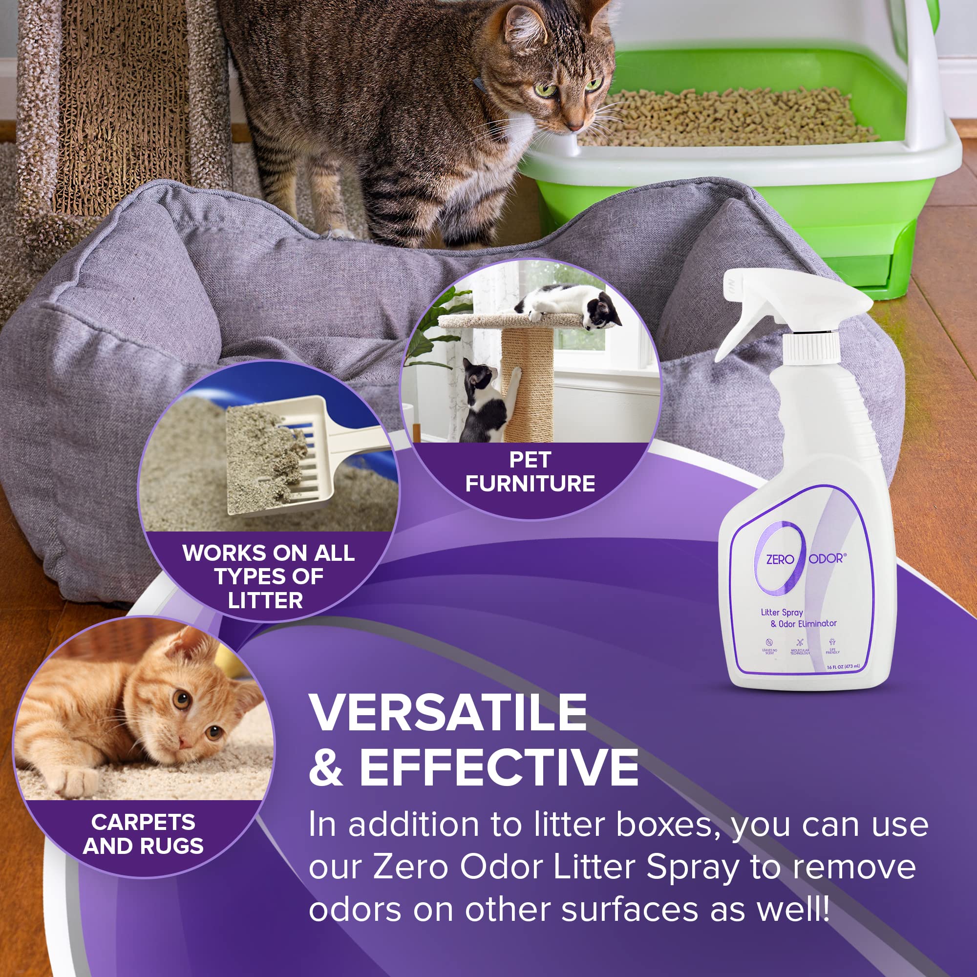 Zero Odor spray appliqué sur litière montrant suppression d'odeurs