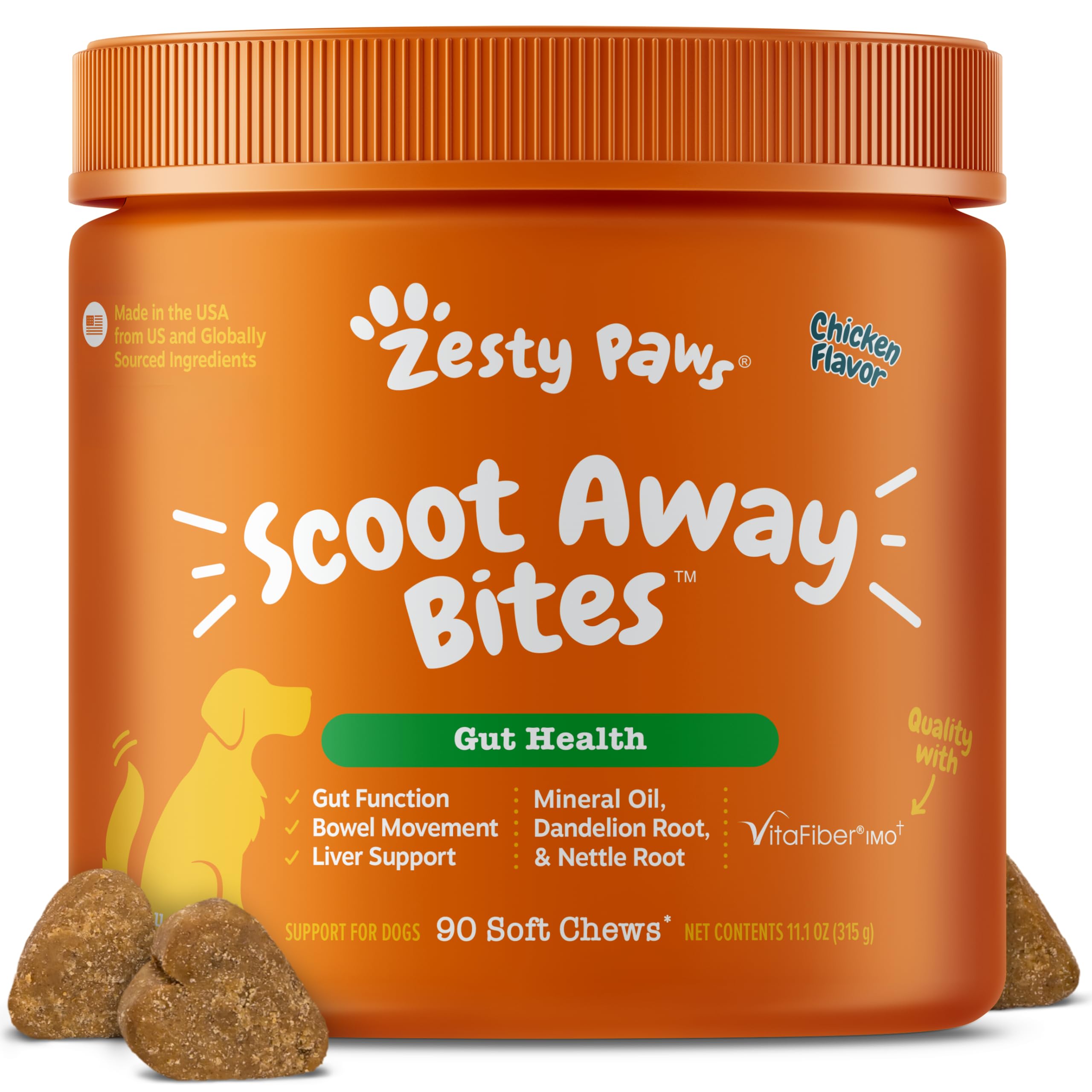 Zesty Paws boîte face montrant 90 chews pour digestion, pratique et rassurante