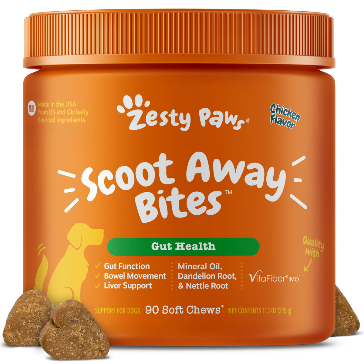 Zesty Paws boîte face montrant 90 chews pour digestion, pratique et rassurante