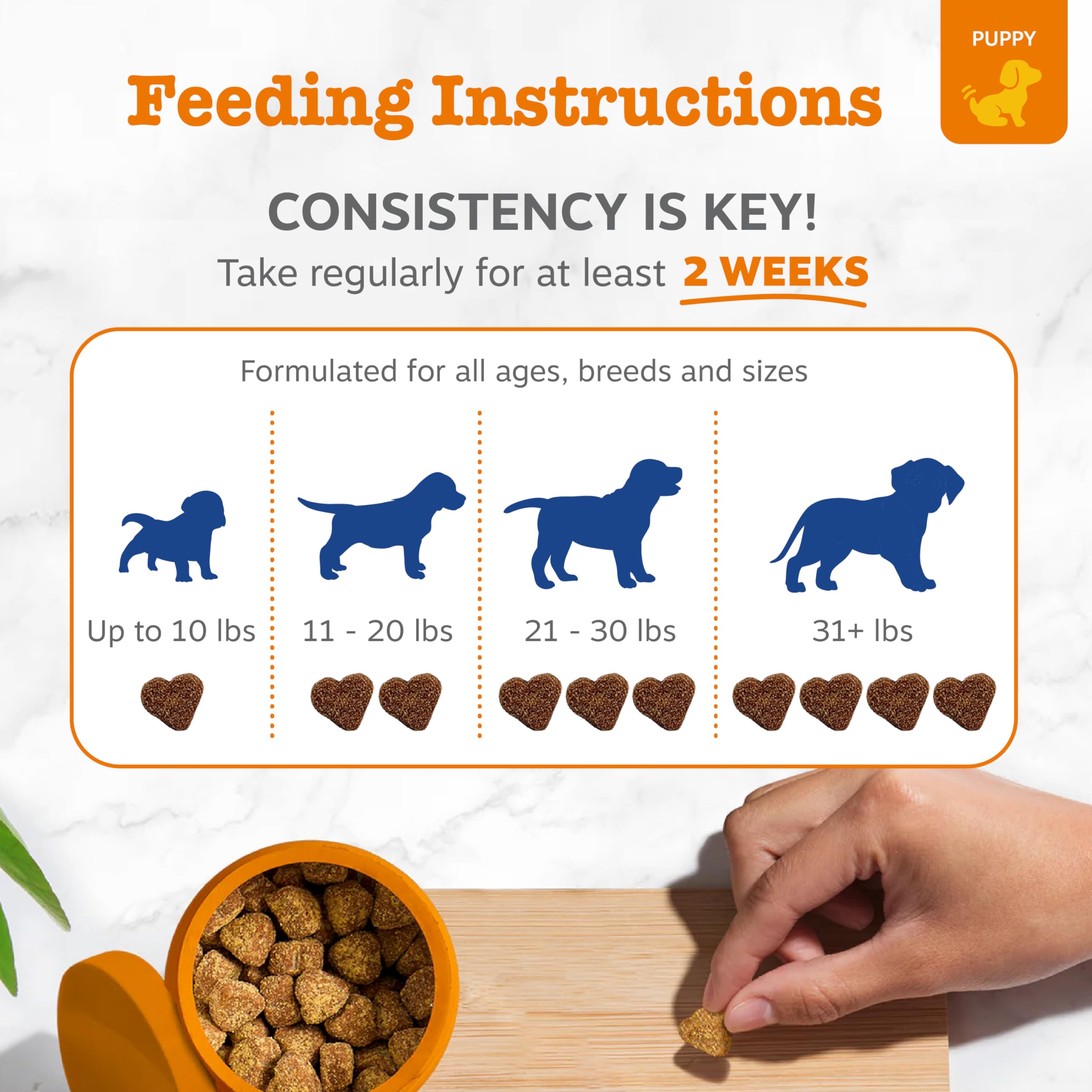 zesty paws bouchée dans la main illustrant petite taille pratique pour chiots