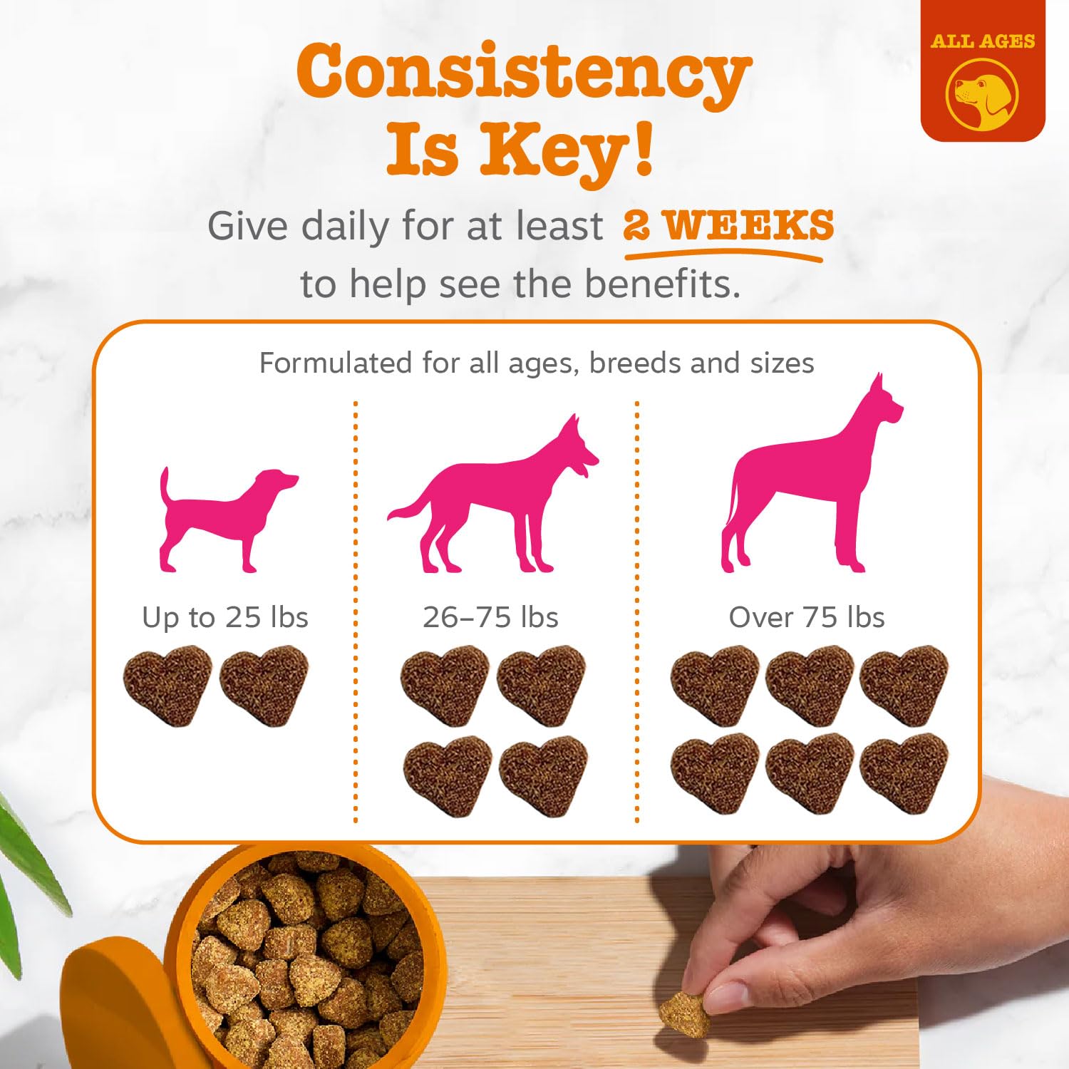 Zesty Paws bouchée tenue en main illustrant portion contrôlée et administration simple