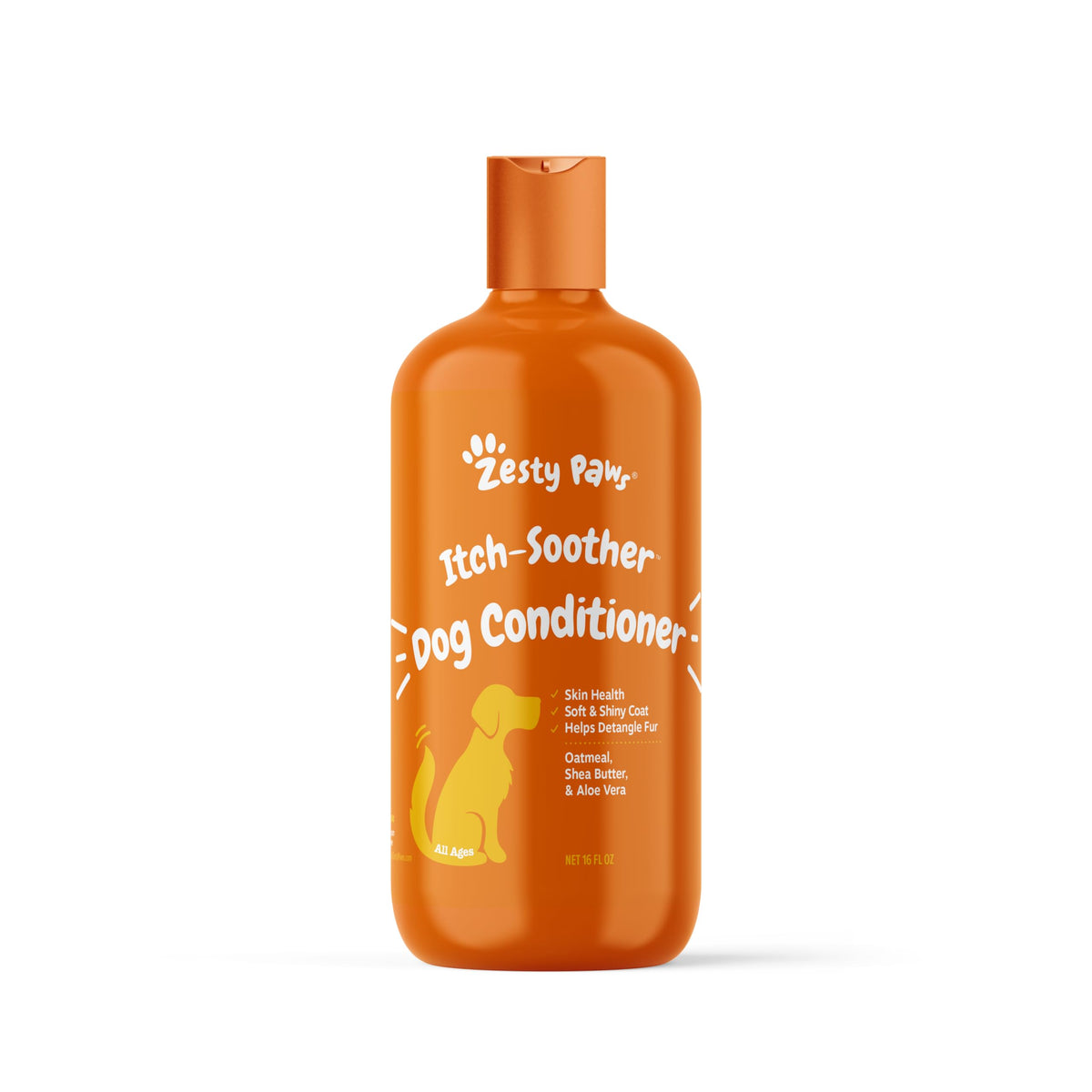 Zesty Paws bouteille face montrant l'étiquette et bénéfice hydratation