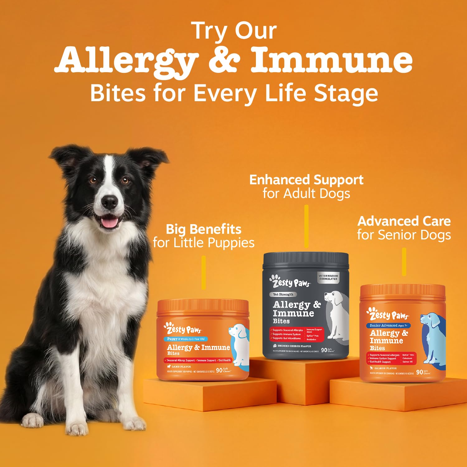 Zesty Paws emballage 90 ct angle qui montre la quantité du pot