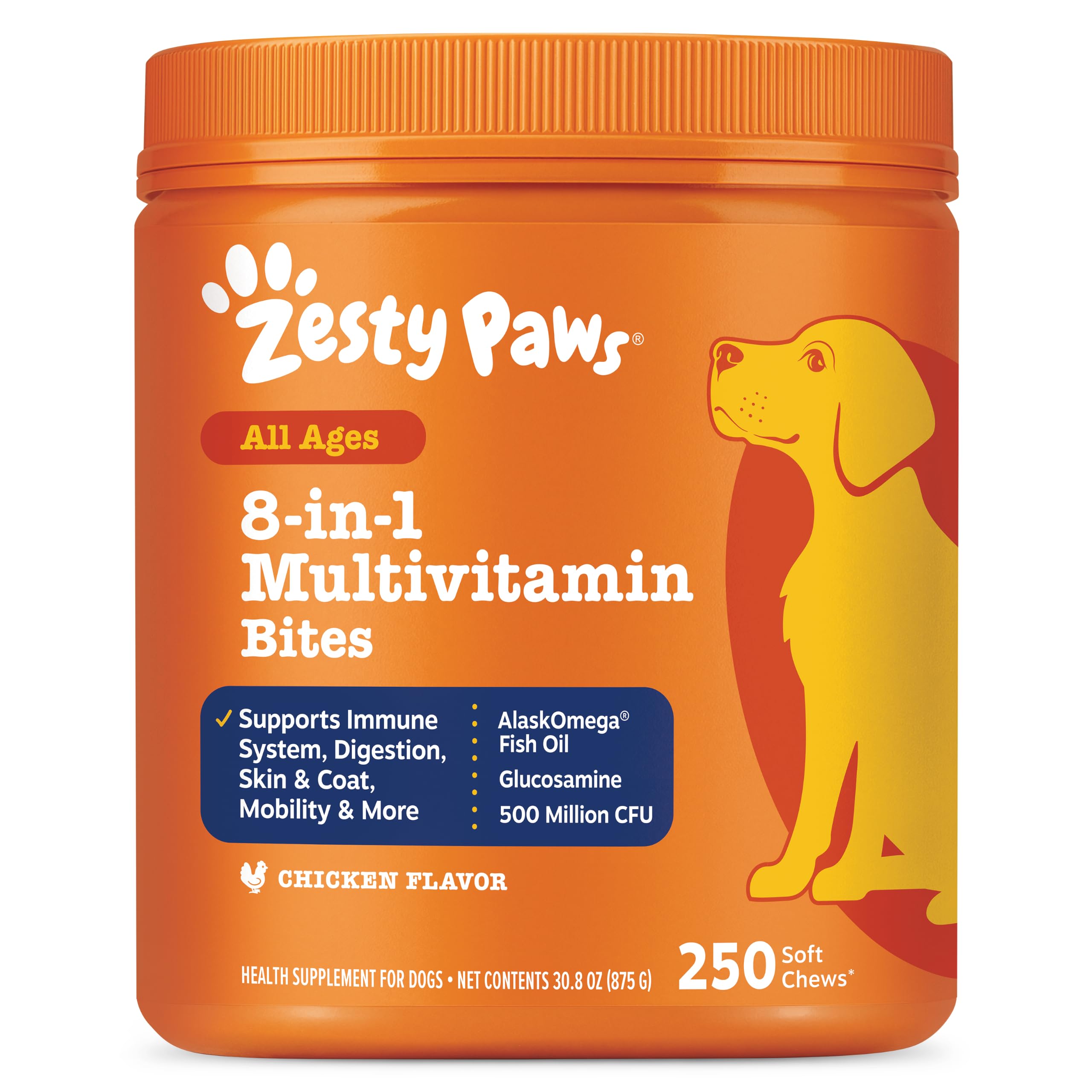 Zesty Paws emballage avant montrant pot et bénéfices visibles