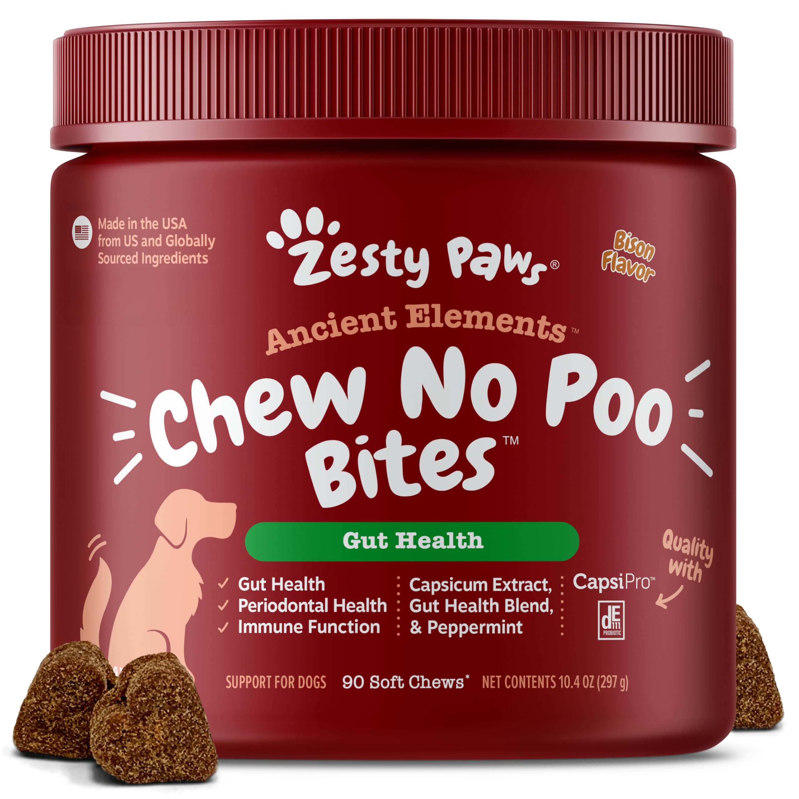 Zesty Paws emballage avant montrant le produit et bénéfice anti-coprophagie