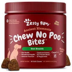 Zesty Paws emballage avant montrant le produit et bénéfice anti-coprophagie