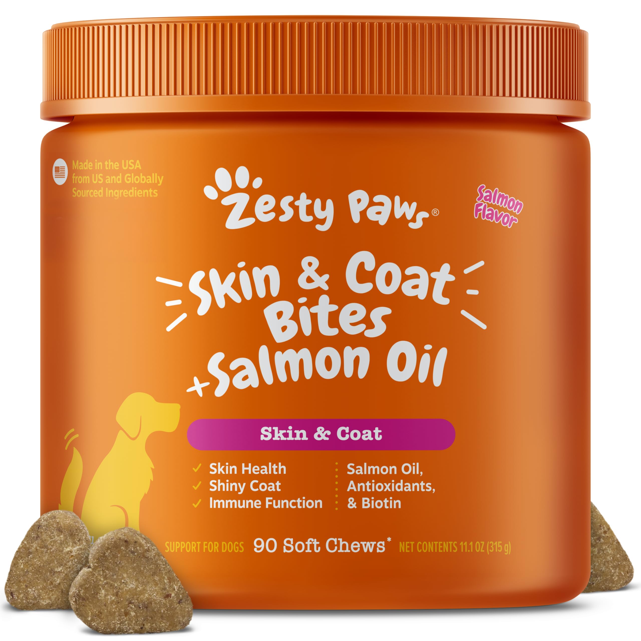Zesty Paws emballage avant montrant le produit et bénéfice santé du pelage