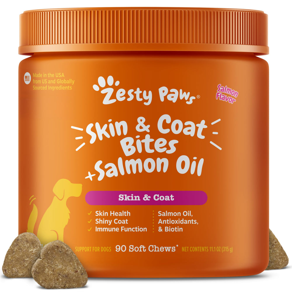 Zesty Paws emballage avant montrant le produit et bénéfice santé du pelage