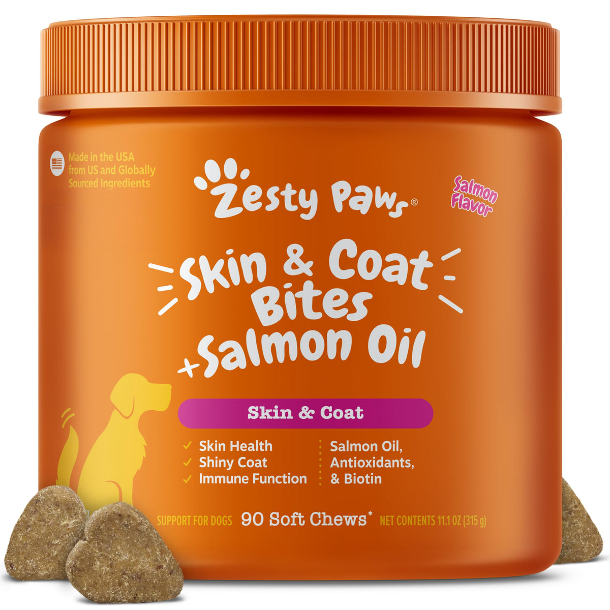 Zesty Paws emballage avant montrant le produit et bénéfice santé du pelage