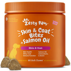 Zesty Paws emballage avant montrant le produit et bénéfice santé du pelage