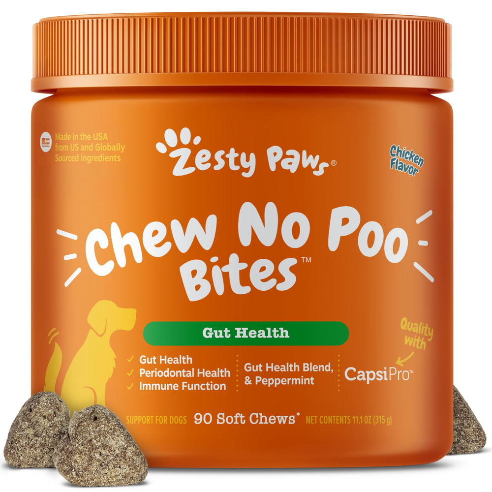 Zesty Paws emballage avant montrant le produit utile contre la coprophagie