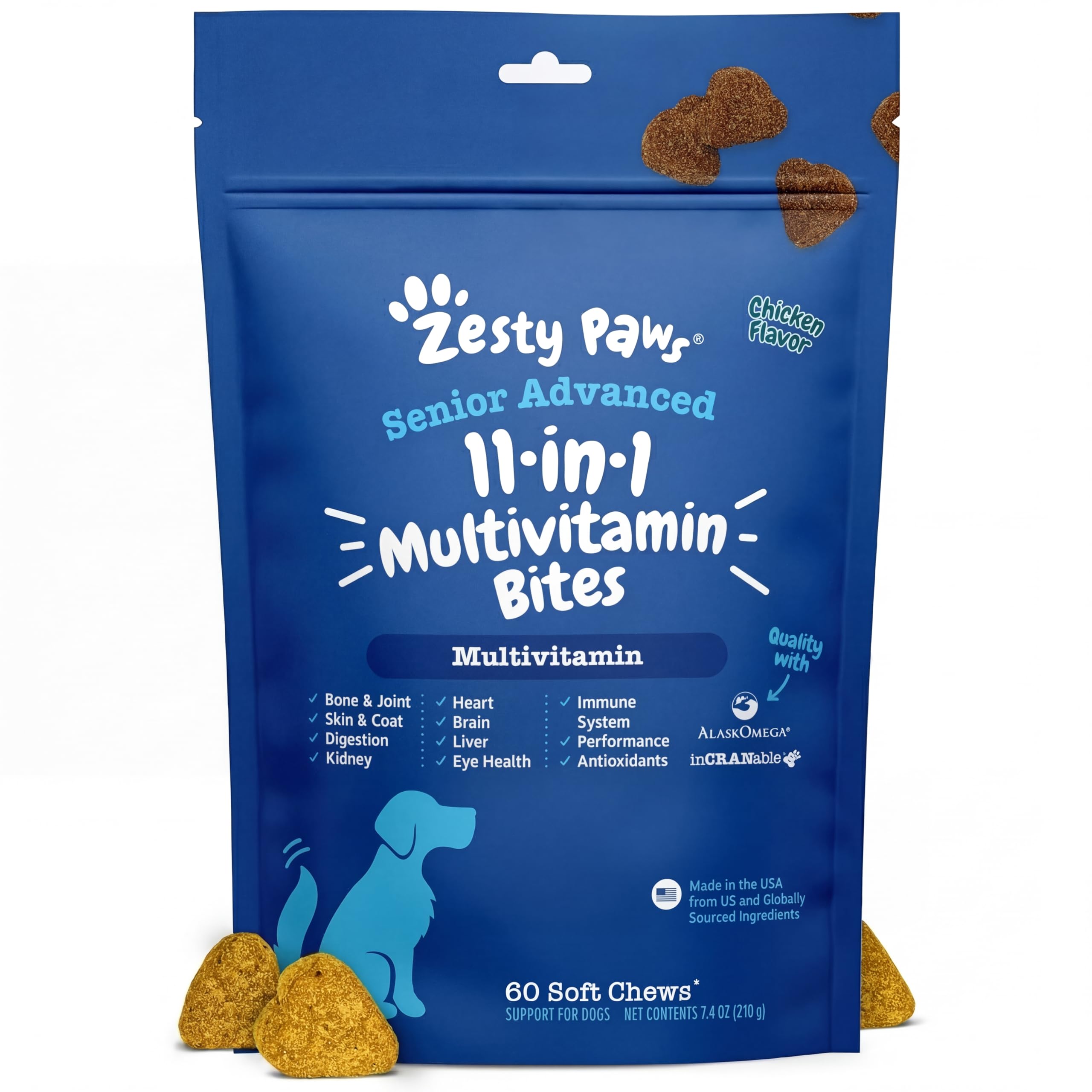 Zesty Paws emballage avant montrant l'offre 60 comprimés et bénéfices visibles