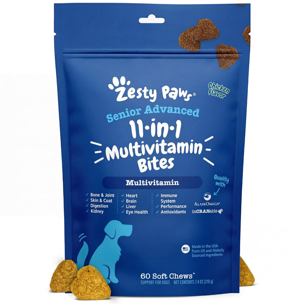Zesty Paws emballage avant montrant l'offre 60 comprimés et bénéfices visibles