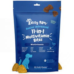 Zesty Paws emballage avant montrant l'offre 60 comprimés et bénéfices visibles