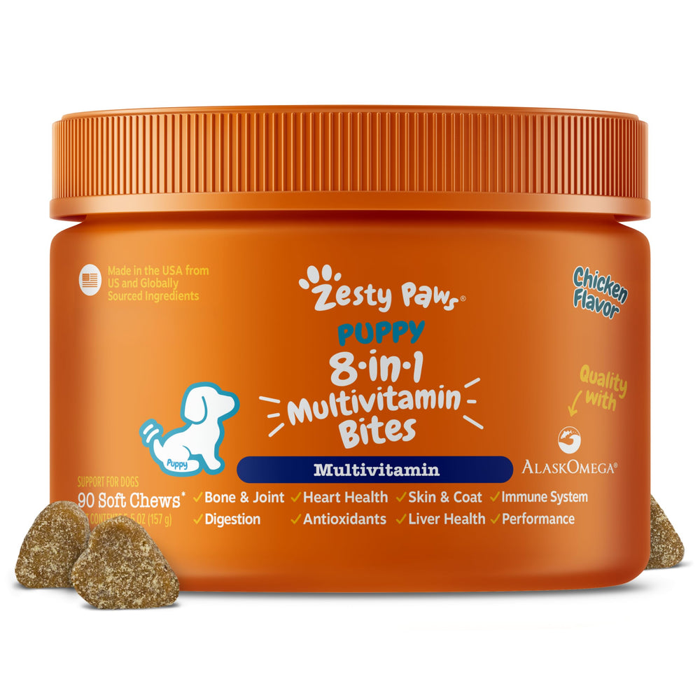 zesty paws emballage avant montrant multivitamines chiot et bénéfice pratique