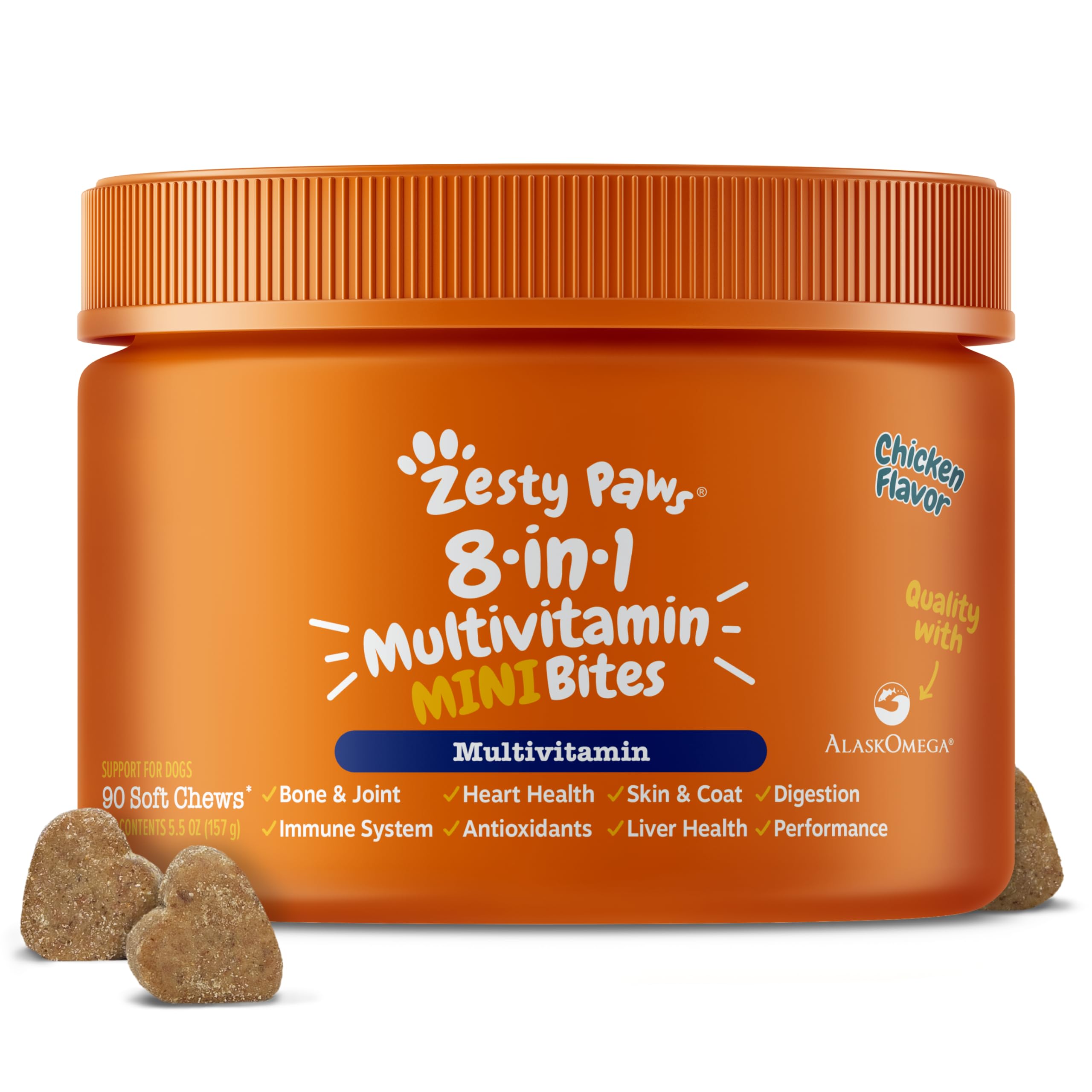 Zesty Paws emballage devant montrant la formule 8-en-1, bénéfice vue d’ensemble