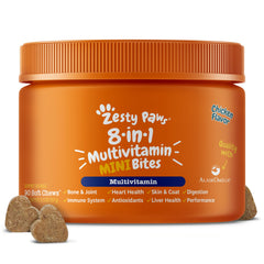 Zesty Paws emballage devant montrant la formule 8-en-1, bénéfice vue d’ensemble